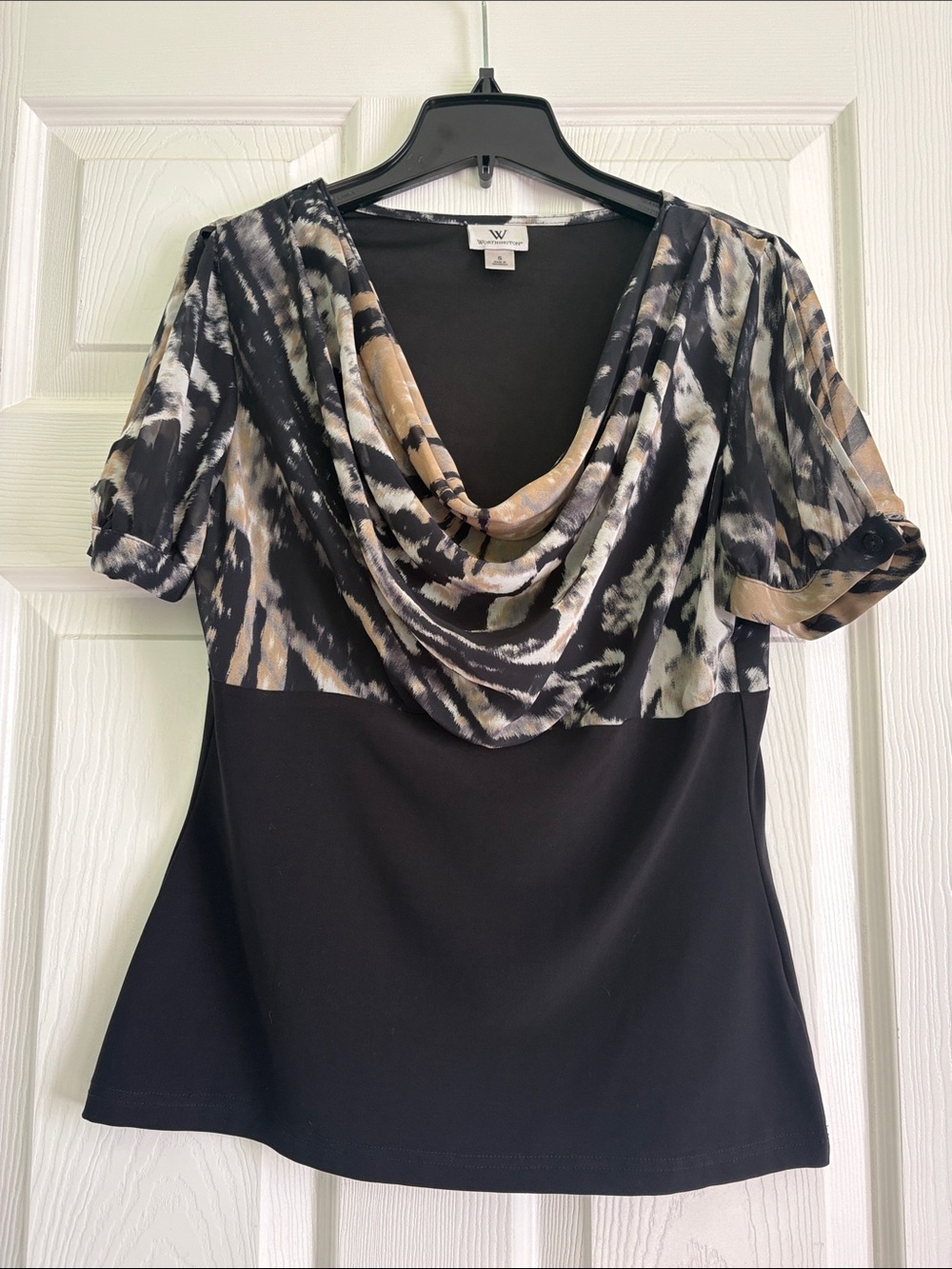 W by Worthington Black and Tan Draped Cowl-Neck Blouse